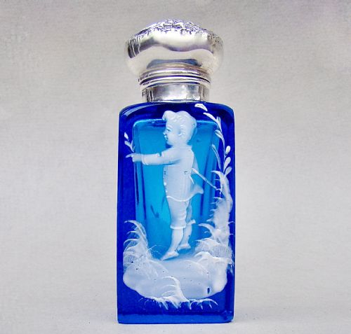 fig 2. RARE EDWARDIAN SILVER MOUNTED MARY GREGORY ENAMELLED GLASS SCENT BOTTLE , BIRMINGHAM 1905