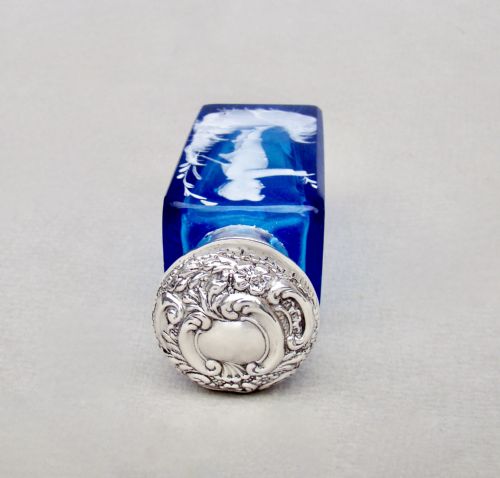 fig 3. RARE EDWARDIAN SILVER MOUNTED MARY GREGORY ENAMELLED GLASS SCENT BOTTLE , BIRMINGHAM 1905