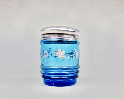 fig 1. DELIGHTFUL EDWARDIAN SILVER & ENAMELLED GLASS SMALL DRESSING TABLE JAR POT, CHESTER 1909