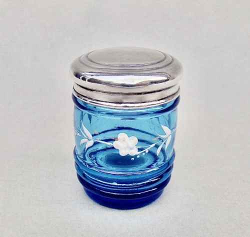 Delightful Edwardian Silver & Enamelled Glass Small Dressing Table Jar Pot, Chester 1909