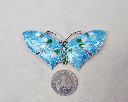 fig 1. FABULOUS SCANDINAVIAN STERLING SILVER & GUILLOCHE ENAMEL BUTTERFLY BROOCH, CIRCA 1930