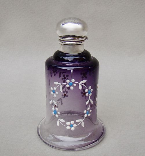 Silver Mounted Amethyst Enamelled Glass Scent Bottle by Levi & Salaman, Birmingham 1914
