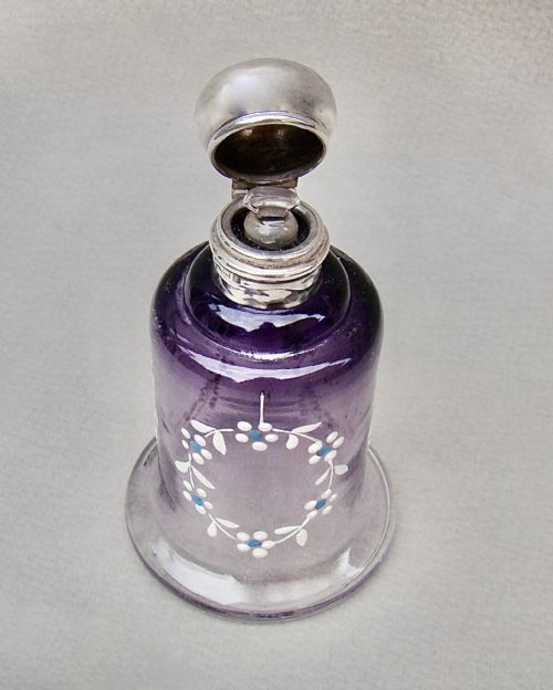 fig 1. SILVER MOUNTED AMETHYST ENAMELLED GLASS SCENT BOTTLE BY LEVI & SALAMAN, BIRMINGHAM 1914
