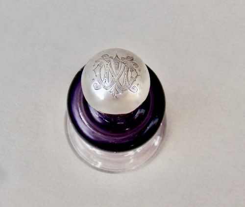 fig 2. SILVER MOUNTED AMETHYST ENAMELLED GLASS SCENT BOTTLE BY LEVI & SALAMAN, BIRMINGHAM 1914
