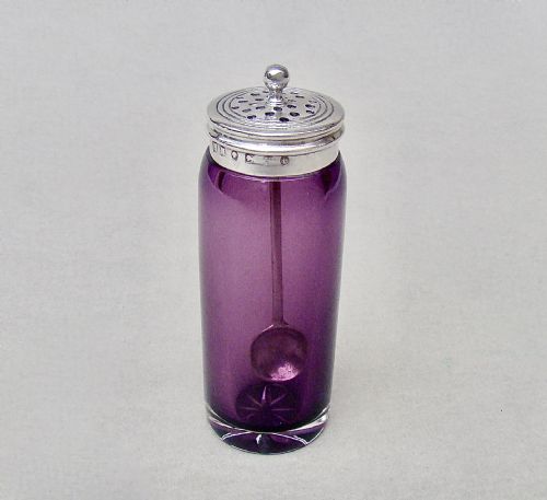 Rare Victorian Silver & Amethyst Glass Salt Jar & Spoon  by Henry Matthews Birmingham 1882
