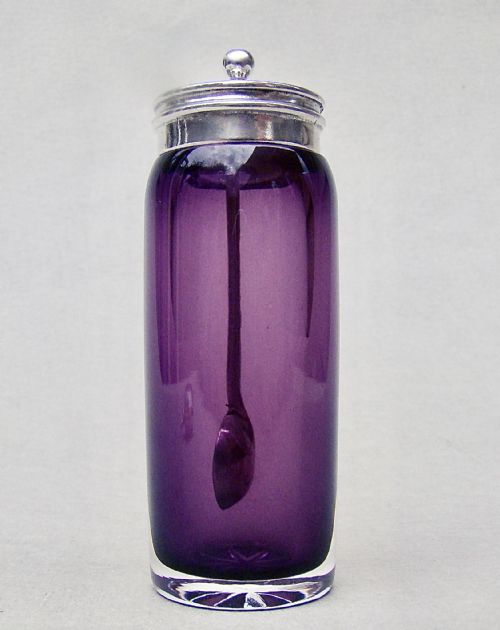 fig 1. RARE VICTORIAN SILVER & AMETHYST GLASS SALT JAR & SPOON BY HENRY MATTHEWS BIRMINGHAM 1882