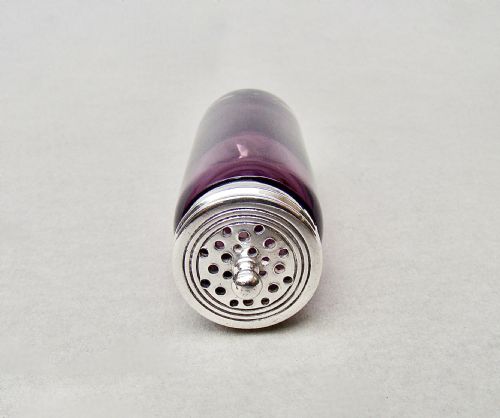 fig 2. RARE VICTORIAN SILVER & AMETHYST GLASS SALT JAR & SPOON BY HENRY MATTHEWS BIRMINGHAM 1882