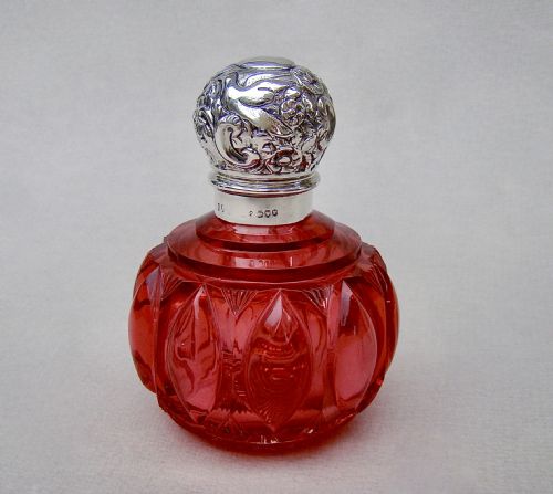Fabulous Victorian Silver and Cranberry Glass Scent Bottle, London 1890