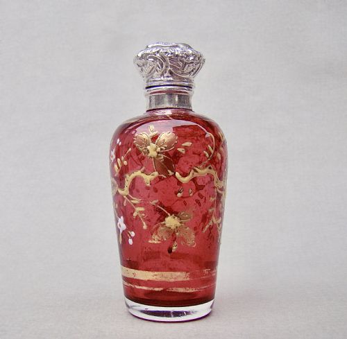 fig 1. CHARMING VICTORIAN SILVER MOUNTED CRANBERRY MOSER GLASS SCENT BOTTLE, CIRCA 1890