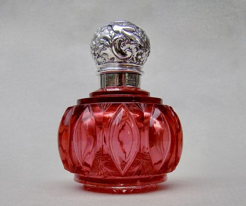 fig 1. FABULOUS VICTORIAN SILVER AND CRANBERRY GLASS SCENT BOTTLE, LONDON 1890