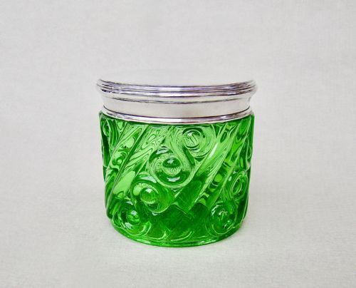 fig 1. RARE FRENCH SILVER LIDDED PORTIEUX VALLERYSTHAL URANIUM GLASS JAR, CIRCA 1930