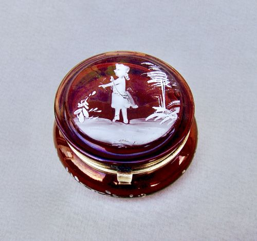 19th Century French "Mary Gregory" Ruby Glass Trinket Box, Circa 1890