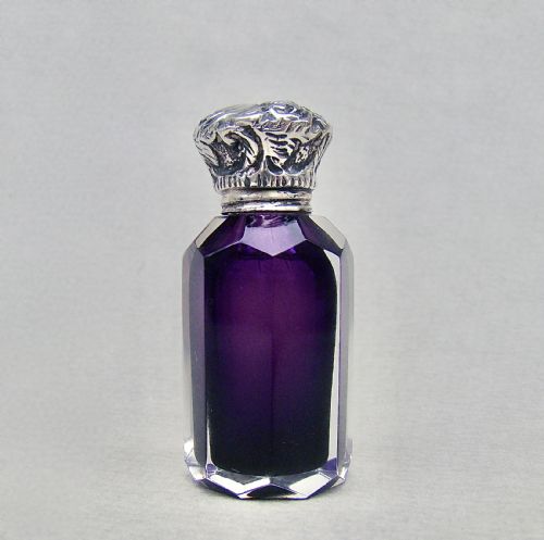 fig 1. SMALL VICTORIAN SILVER & AMETHYST SLICED-CUT GLASS SCENT BOTTLE , CIRCA 1890