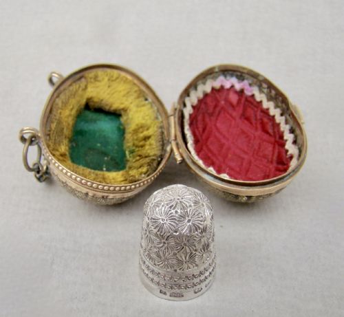 fig 1. EXQUISITE VICTORIAN CHARLES HORNER SILVER THIMBLE CASED IN ORMULU CHATELAINE EGG-SHAPED HOLDER