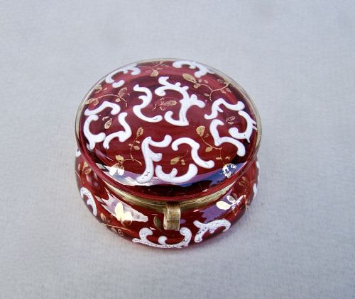 Delightful French Enamelled Cranberry Glass Trinket Box , Circa 1890
