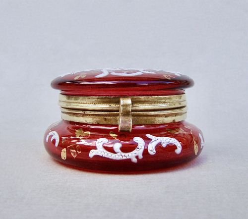 fig 1. DELIGHTFUL FRENCH ENAMELLED CRANBERRY GLASS TRINKET BOX , CIRCA 1890
