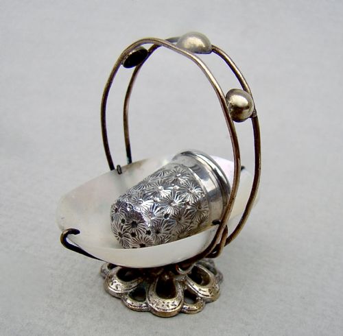 fig 1. DELIGHTFUL CHARLES HORNER SILVER THIMBLE IN MOTHER OF PEARL & ORMULU BASKET, CIRCA 1890