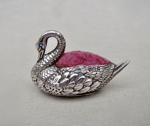 Exquisite Edwardian Silver Swan Pin Cushion by Adie & Lovekin, Birmingham 1908