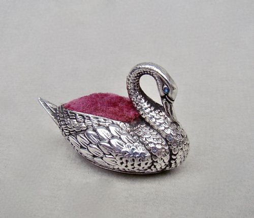 fig 1. EXQUISITE EDWARDIAN SILVER SWAN PIN CUSHION BY ADIE & LOVEKIN, BIRMINGHAM 1908