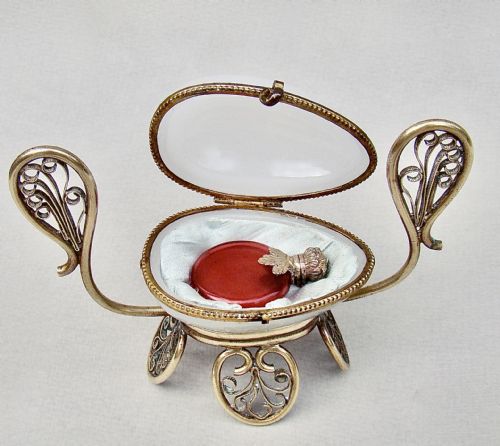 Rare 19th C. French Palais Royal Cranberry Glass Scent Bottle in Opaline Glass Egg Casket, Circa 1880
