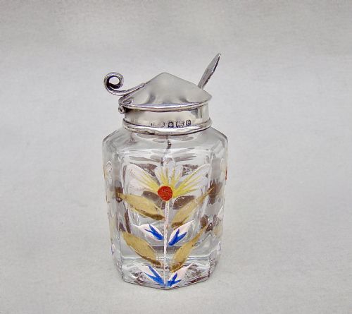 Unusual Edwardian Silver Mounted Enamelled Glass Mustard Pot by Levi & Salaman, Birmingham 1905