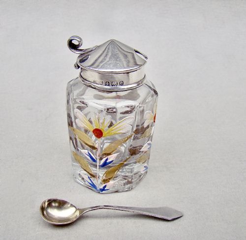 fig 1. UNUSUAL EDWARDIAN SILVER MOUNTED ENAMELLED GLASS MUSTARD POT BY LEVI & SALAMAN, BIRMINGHAM 1905
