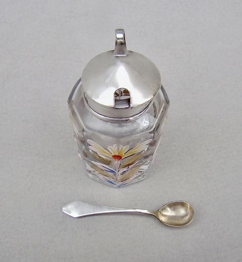 fig 2. UNUSUAL EDWARDIAN SILVER MOUNTED ENAMELLED GLASS MUSTARD POT BY LEVI & SALAMAN, BIRMINGHAM 1905
