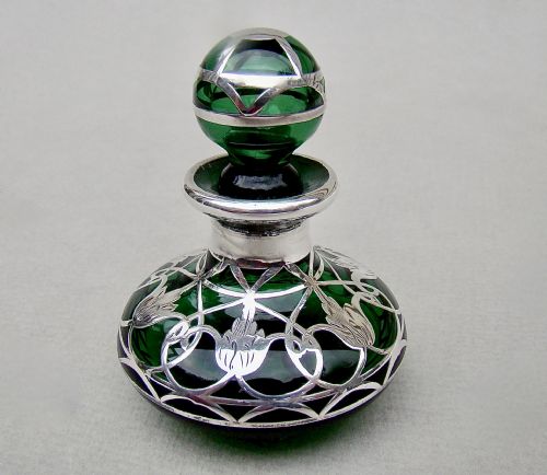 Fabulous Art Nouveau Overlay Sterling Silver & Bristol Green Glass Scent Bottle, Circa 1900