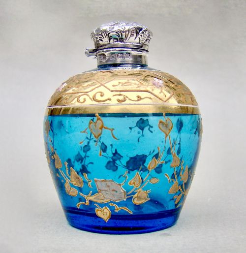 fig 1. EXQUISITE EDWARDIAN SILVER MOUNTED TURQUOISE & GILT MOSER GLASS SCENT BOTTLE, BIRMINGHAM 1905