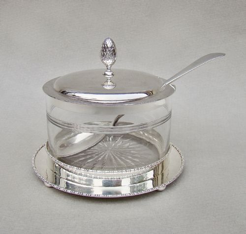 Elegant Art Deco Silver Mounted Preserve Jar and Stand by Stokes & Ireland, Chester 1921