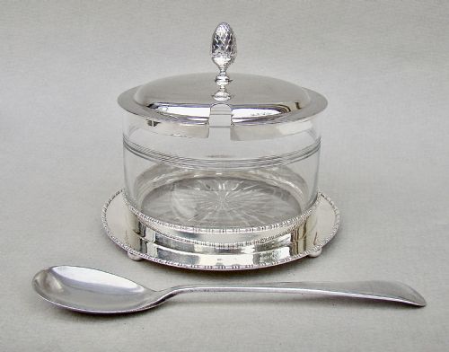 fig 1. ELEGANT ART DECO SILVER MOUNTED PRESERVE JAR AND STAND BY STOKES & IRELAND, CHESTER 1921