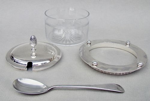 fig 2. ELEGANT ART DECO SILVER MOUNTED PRESERVE JAR AND STAND BY STOKES & IRELAND, CHESTER 1921