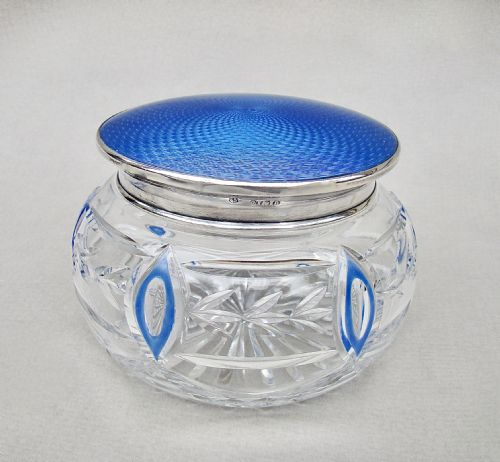 fig 1. STUNNING ART DECO SILVER & GUILLOCHE ENAMEL DRESSING TABLE JAR BY JAMES DEAKIN & SONS, BIRMINGHAM 1926