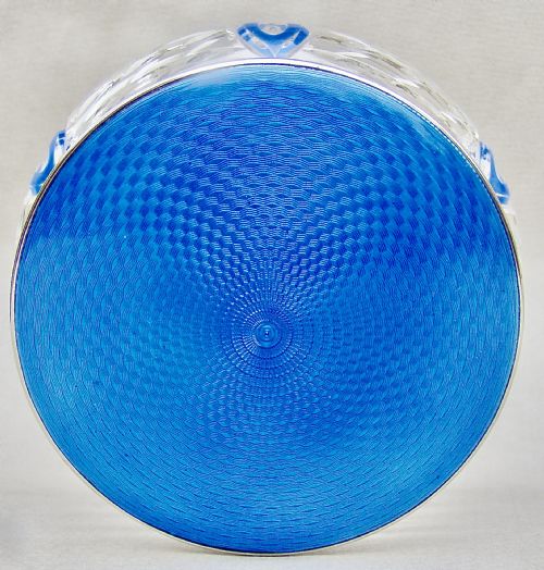 fig 2. STUNNING ART DECO SILVER & GUILLOCHE ENAMEL DRESSING TABLE JAR BY JAMES DEAKIN & SONS, BIRMINGHAM 1926