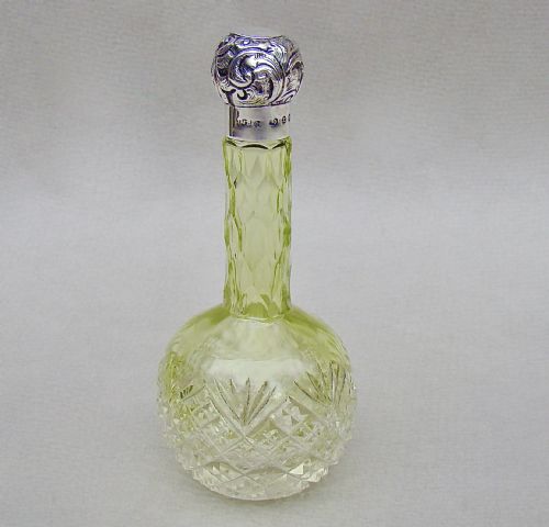 Victorian Silver Mounted Lime Green Cut Glass Scent Bottle by the Mousley Brothers, Birmingham 1898