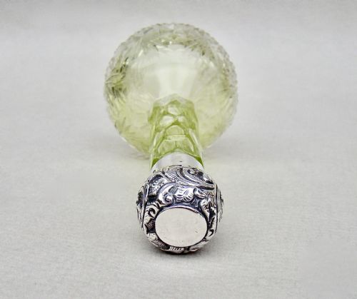 fig 2. VICTORIAN SILVER MOUNTED LIME GREEN CUT GLASS SCENT BOTTLE BY THE MOUSLEY BROTHERS, BIRMINGHAM 1898