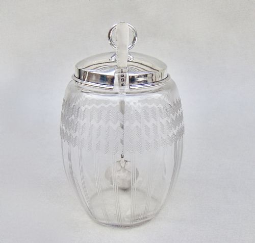 fig 1. DELIGHTFUL GEORGE V SILVER MOUNTED PRESERVE JAR & SPOONS BY GEORGE UNITE, BIRMINGHAM 1920