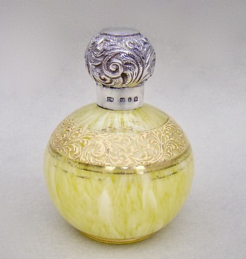 Unusual Victorian Silver Mounted Spatter Glass Scent Bottle by Charles May, Birmingham 1897