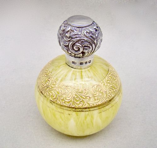 fig 1. UNUSUAL VICTORIAN SILVER MOUNTED SPATTER GLASS SCENT BOTTLE BY CHARLES MAY, BIRMINGHAM 1897