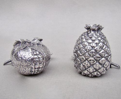 fig 1. NOVELTY MID-CENTURY CONTINENTAL SILVER CONDIMENT SET. MODELLED IN THE FORM OF A PINEAPPLE AND POMEGRANATE