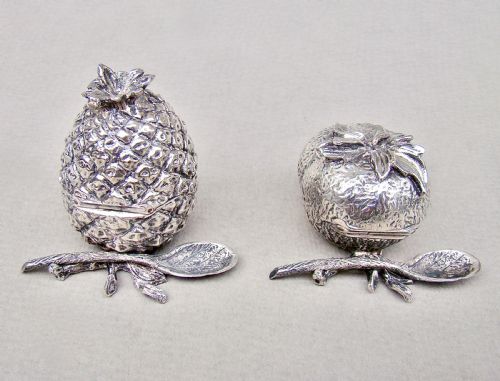 fig 2. NOVELTY MID-CENTURY CONTINENTAL SILVER CONDIMENT SET. MODELLED IN THE FORM OF A PINEAPPLE AND POMEGRANATE