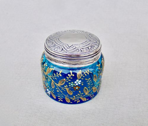 Exquisite Victorian Silver Mounted Moser Glass Rouge Pot, London 1878