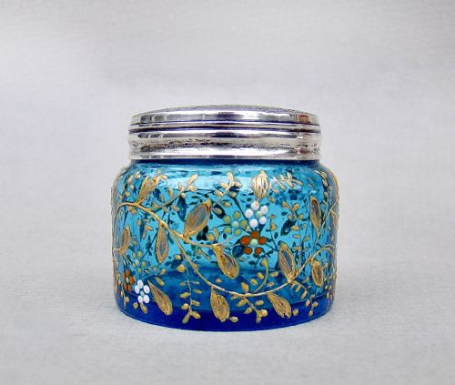 fig 1. EXQUISITE VICTORIAN SILVER MOUNTED MOSER GLASS ROUGE POT, LONDON 1878
