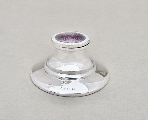 fig 1. DELIGHTFUL SILVER & DUAL COLOUR GUILLOCHE ENAMEL SMALL CAPSTAN INKWELL, BIRMINGHAM 1911