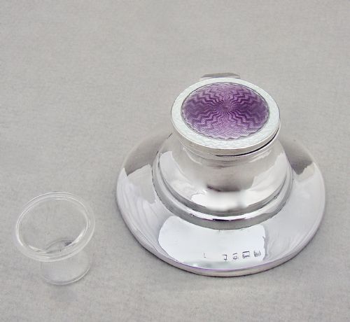 fig 3. DELIGHTFUL SILVER & DUAL COLOUR GUILLOCHE ENAMEL SMALL CAPSTAN INKWELL, BIRMINGHAM 1911