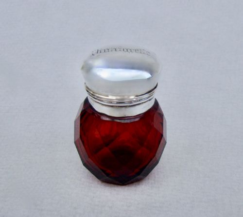 fig 1. UNUSUAL VICTORIAN SILVER SLICED-CUT RUBY GLASS VINAIGRETTE , CIRCA 1890
