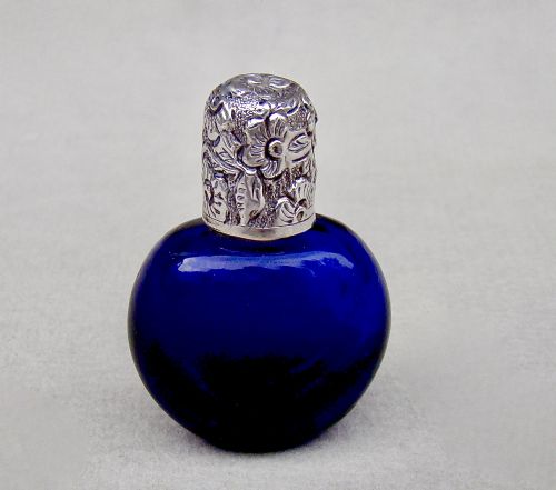 fig 1. SMALL AND EXQUISITE VICTORIAN SILVER AND BRISTOL BLUE GLASS SCENT BOTTLE, CIRCA 1890