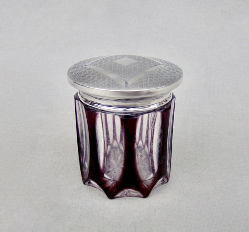 ART DECO SILVER MOUNTED OVERLAY AMETHYST GLASS ROUGE POT BY HASSET HARPER BIRMINGHAM 1922 - ADDITIONAL PHOTO 7