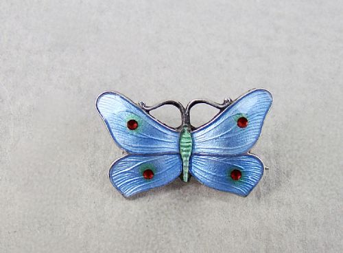 Exquisite Miniature Silver & Guilloche  Enamel Butterfly Brooch by John Atkins, Circa 1930