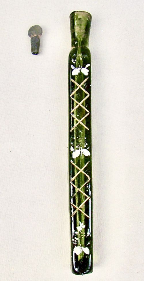 fig 1. RARE OXFORD LAVENDER GILT & ENAMELLED GREEN GLASS SCENT BOTTLE, CIRCA 1860